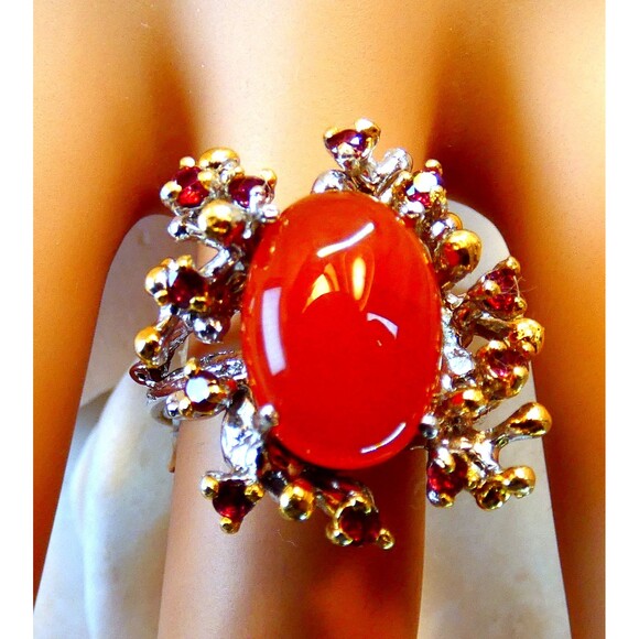 Natural Carnelian Rhodolite Garnet Sterling Silver Gold Ring Size 7 - Picture 8 of 8